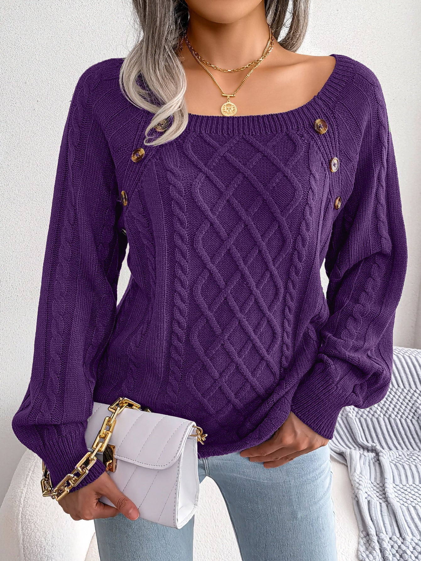 Square Neck Knitted Sweater With Button Design Winter Warm Long Sleeve Tops Women&#39;s Clothing