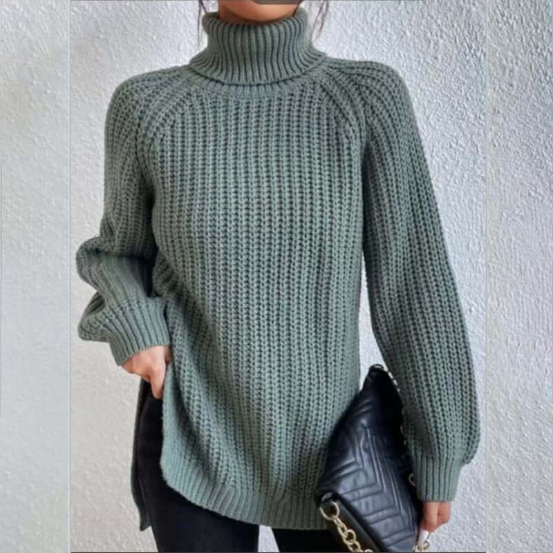 Turtleneck Pullover Sweater With Split Design Fashion Simple Solid Color Long Sleeve Tops Women&#39;s Clothing