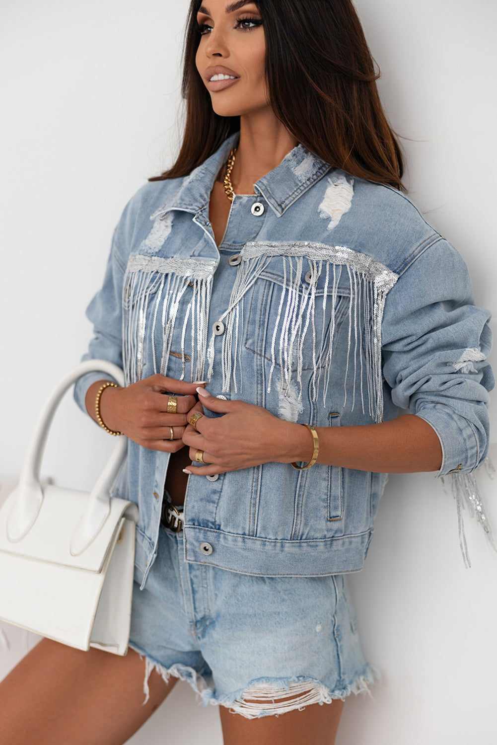 Sequin Fringe Trim Distressed Button Up Denim Jacket - Little Miss Vanilla