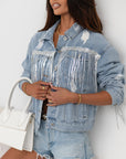 Sequin Fringe Trim Distressed Button Up Denim Jacket - Little Miss Vanilla