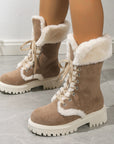 Winter Lace-up Snow Boots For Women Mid-tube Fleece Shoes Warm Chunky Heels Plush Boot