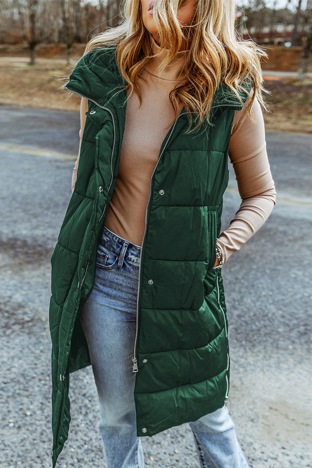 Green Hooded Long Quilted Vest Coat - Little Miss Vanilla