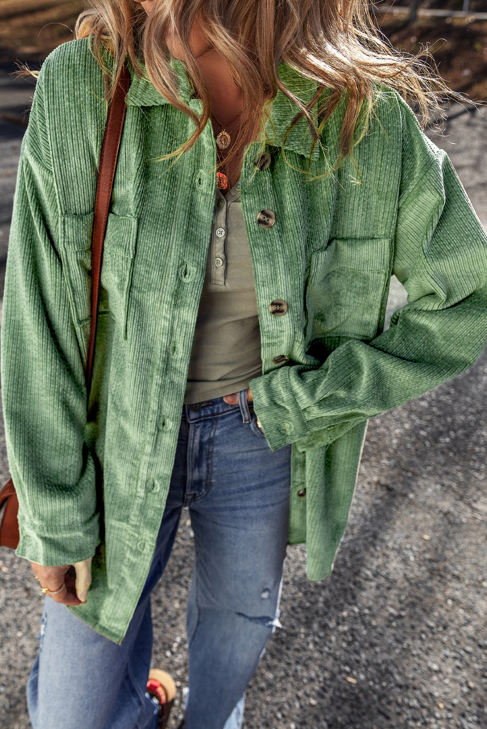 Mist Green Patched Pocket Button Up Corduroy Shacket - Little Miss Vanilla