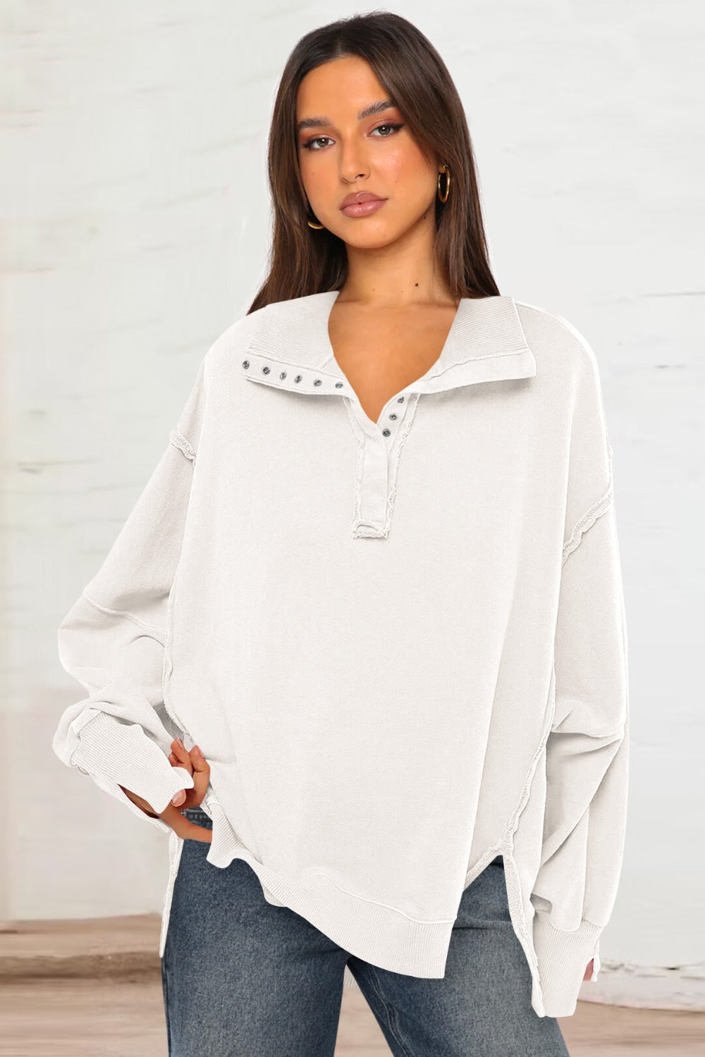 Exposed Seam Side Slit Long Sleeve Sweatshirt - Little Miss Vanilla