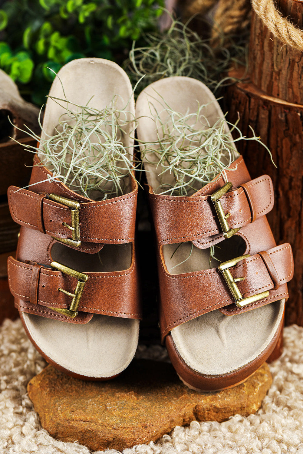 Chestnut Dual Buckle Studded Platform Sandal Slippers - Little Miss Vanilla