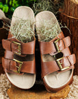 Chestnut Dual Buckle Studded Platform Sandal Slippers - Little Miss Vanilla