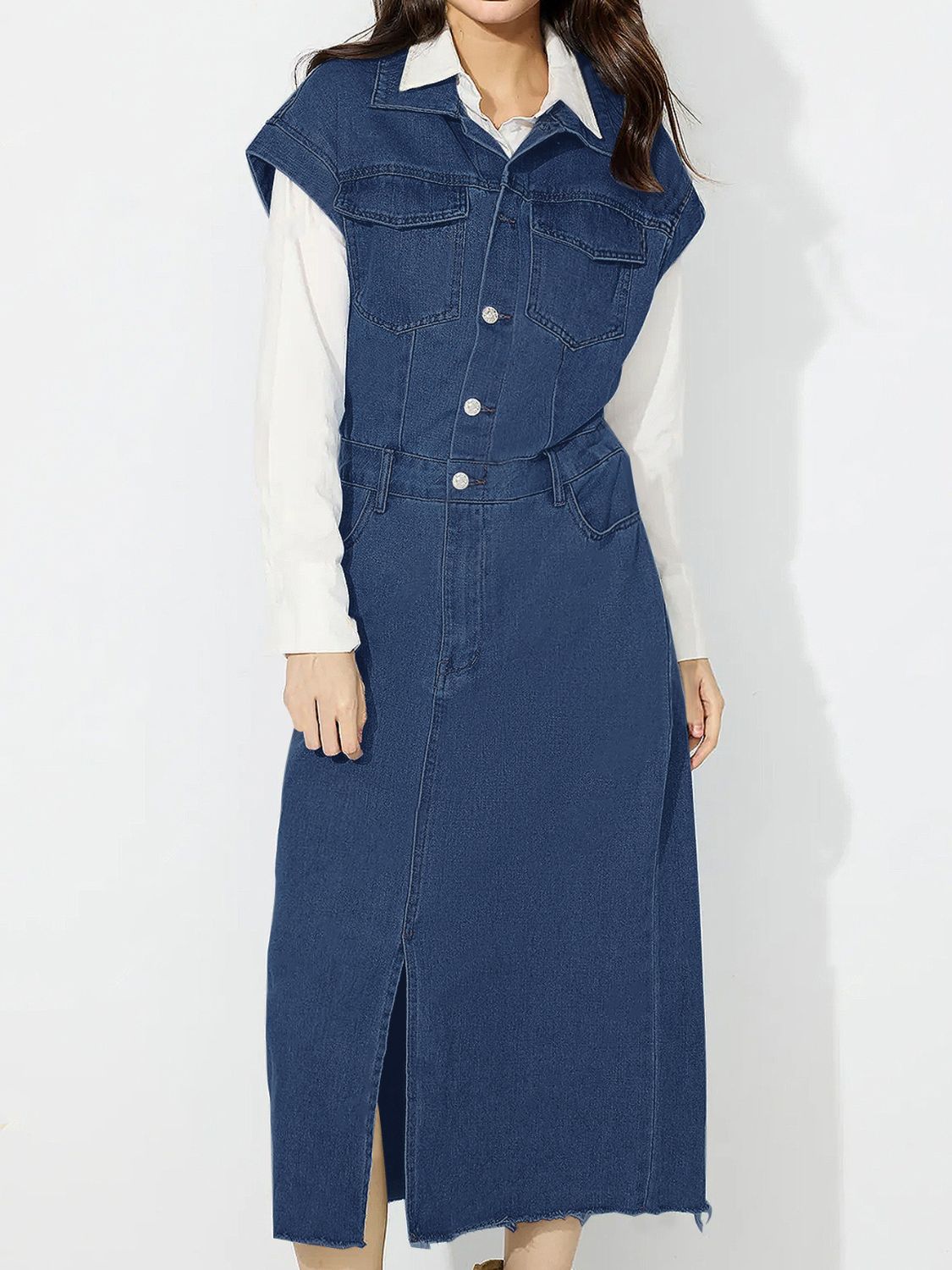 Slit Half Button Collared Neck Cap Sleeve Denim Dress - Little Miss Vanilla