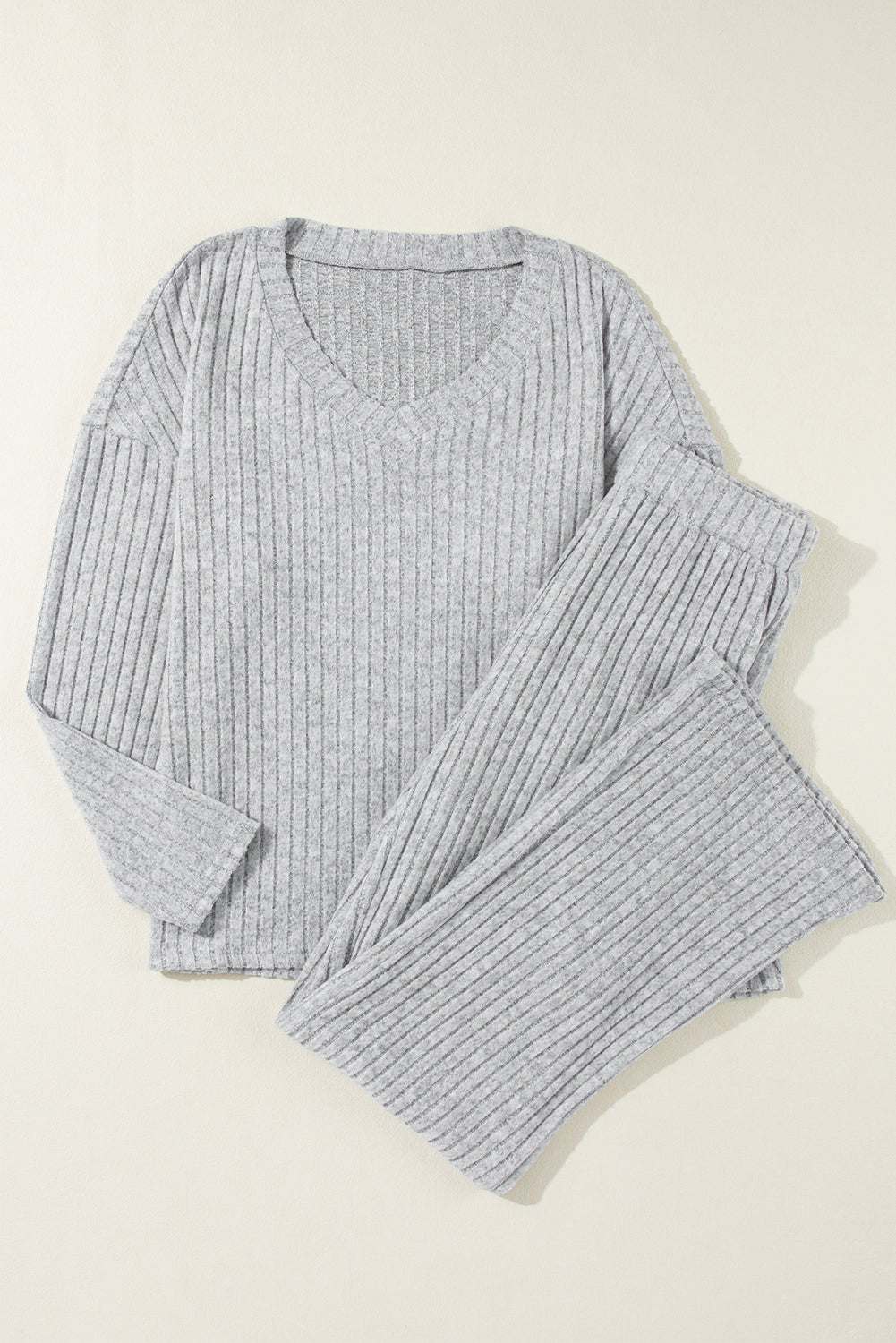 Light Grey Ribbed Knit V Neck Slouchy Two-piece Outfit - Little Miss Vanilla