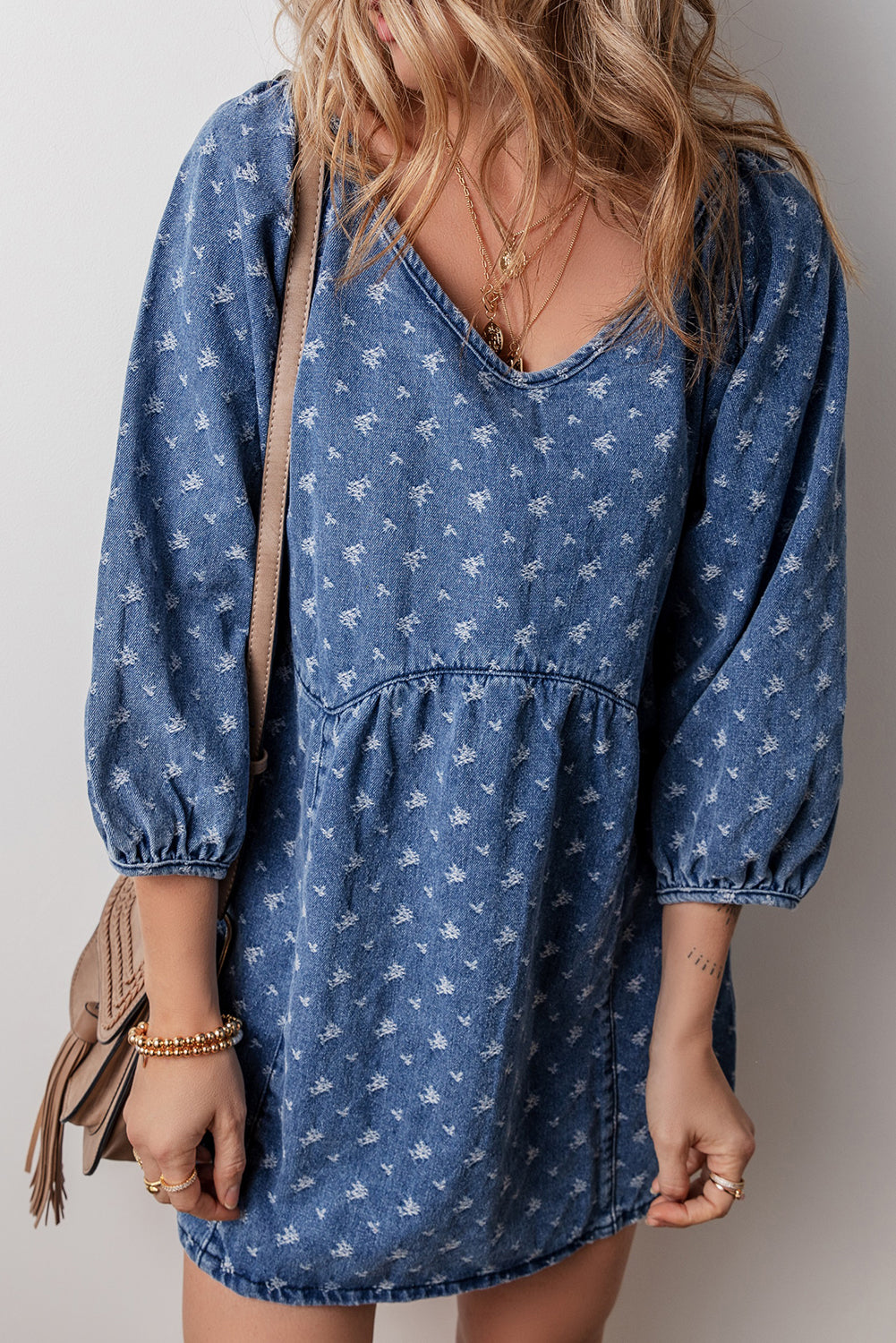 Tied V-Neck Three-Quarter Sleeve Denim Dress - Little Miss Vanilla