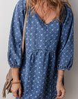 Tied V-Neck Three-Quarter Sleeve Denim Dress - Little Miss Vanilla