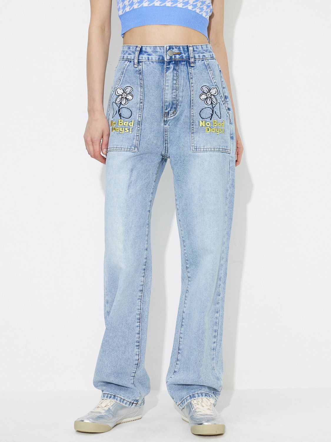 Flower High Rise Straight Leg Jeans with Pockets - Little Miss Vanilla