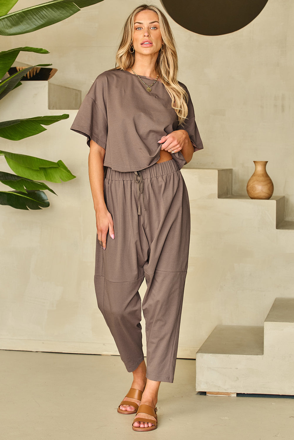 Simply Taupe High Low Boxy Fit Tee and Crop Pants Set - Little Miss Vanilla