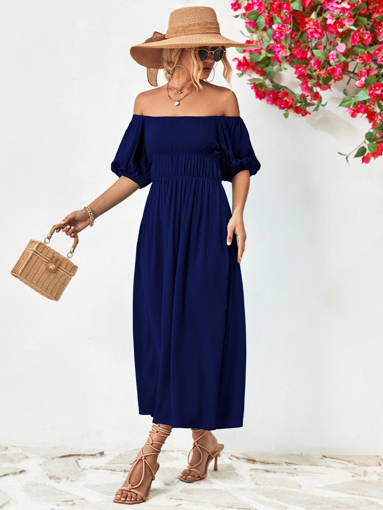 Off-Shoulder Balloon Sleeve Midi Dress - Little Miss Vanilla