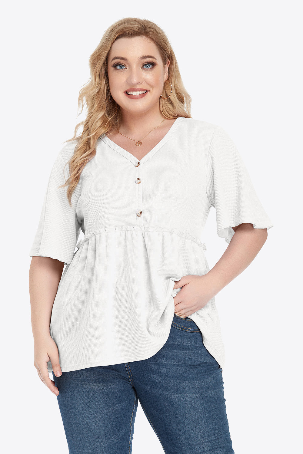 Plus Size Buttoned V-Neck Frill Trim Babydoll Blouse - Little Miss Vanilla