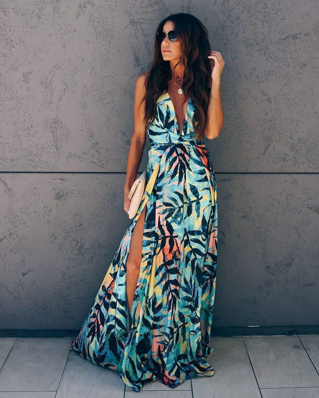 Mid-sleeve V-neck printed slim dress maxi - Little Miss Vanilla