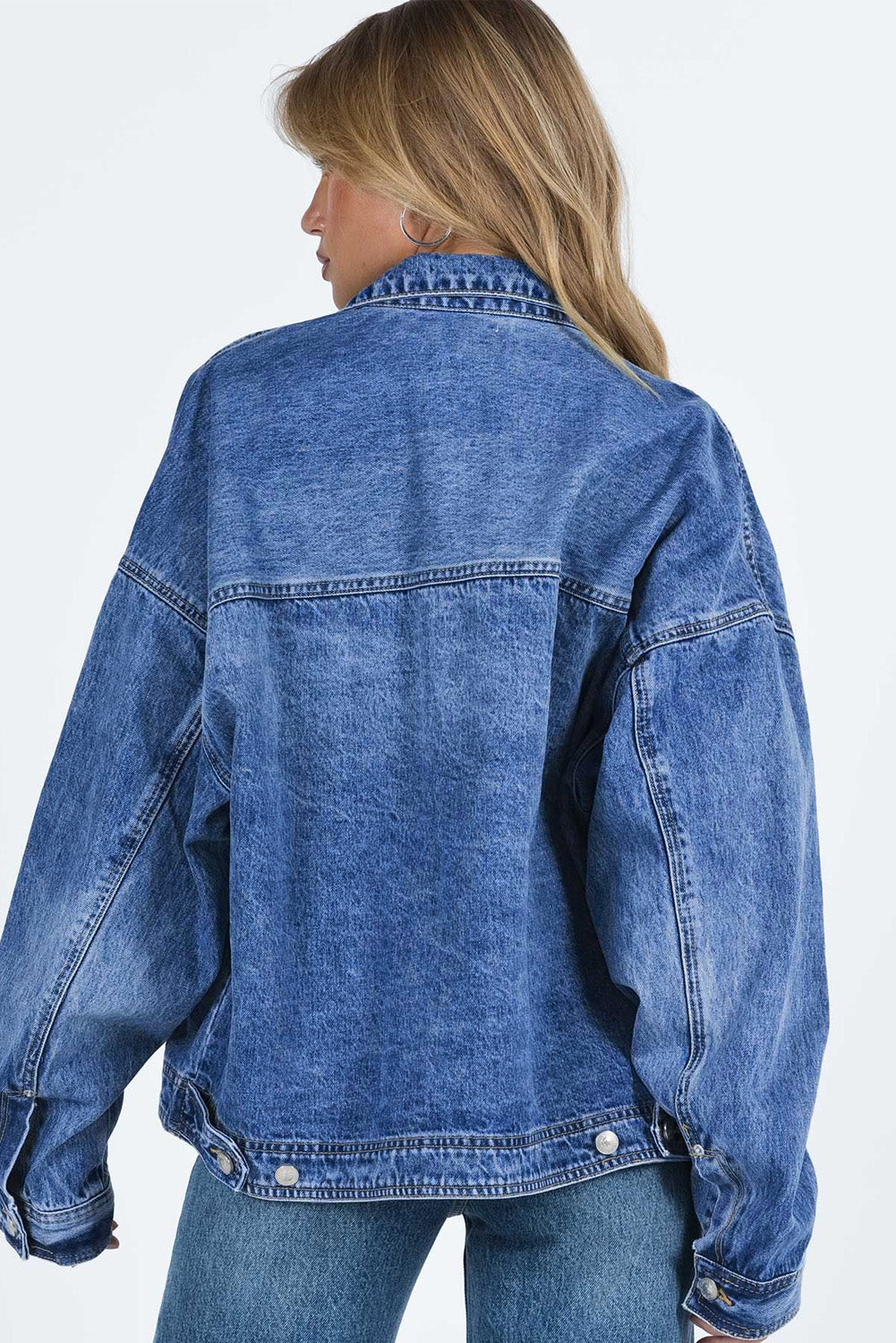 Blue Chest Pockets Drop Shoulder Loose Denim Jacket - Little Miss Vanilla