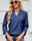 Notched Three-Quarter Sleeve Denim Top - Little Miss Vanilla