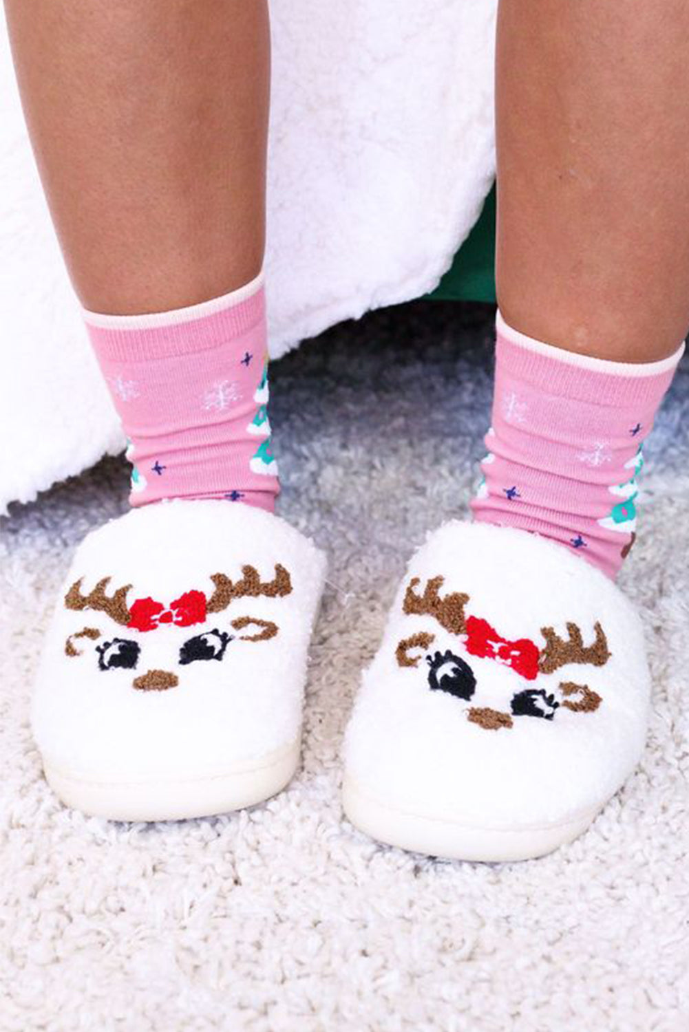 White Christmas Cartoon Pattern Plush Slippers - Little Miss Vanilla