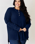 Basic Bae Full Size Ribbed Half Button Long Sleeve High-Low T-Shirt - Little Miss Vanilla