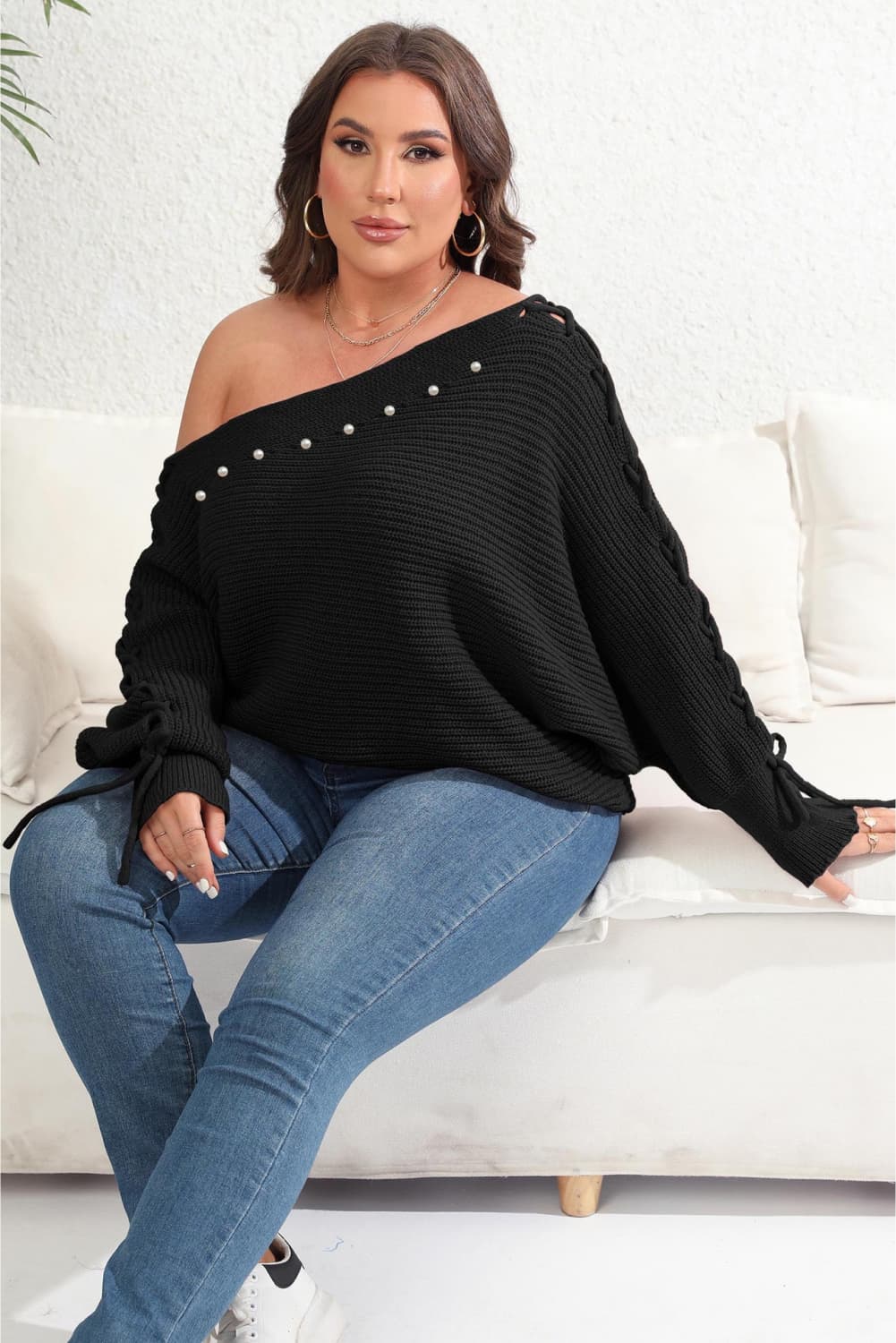 Plus Size One Shoulder Beaded Sweater - Little Miss Vanilla