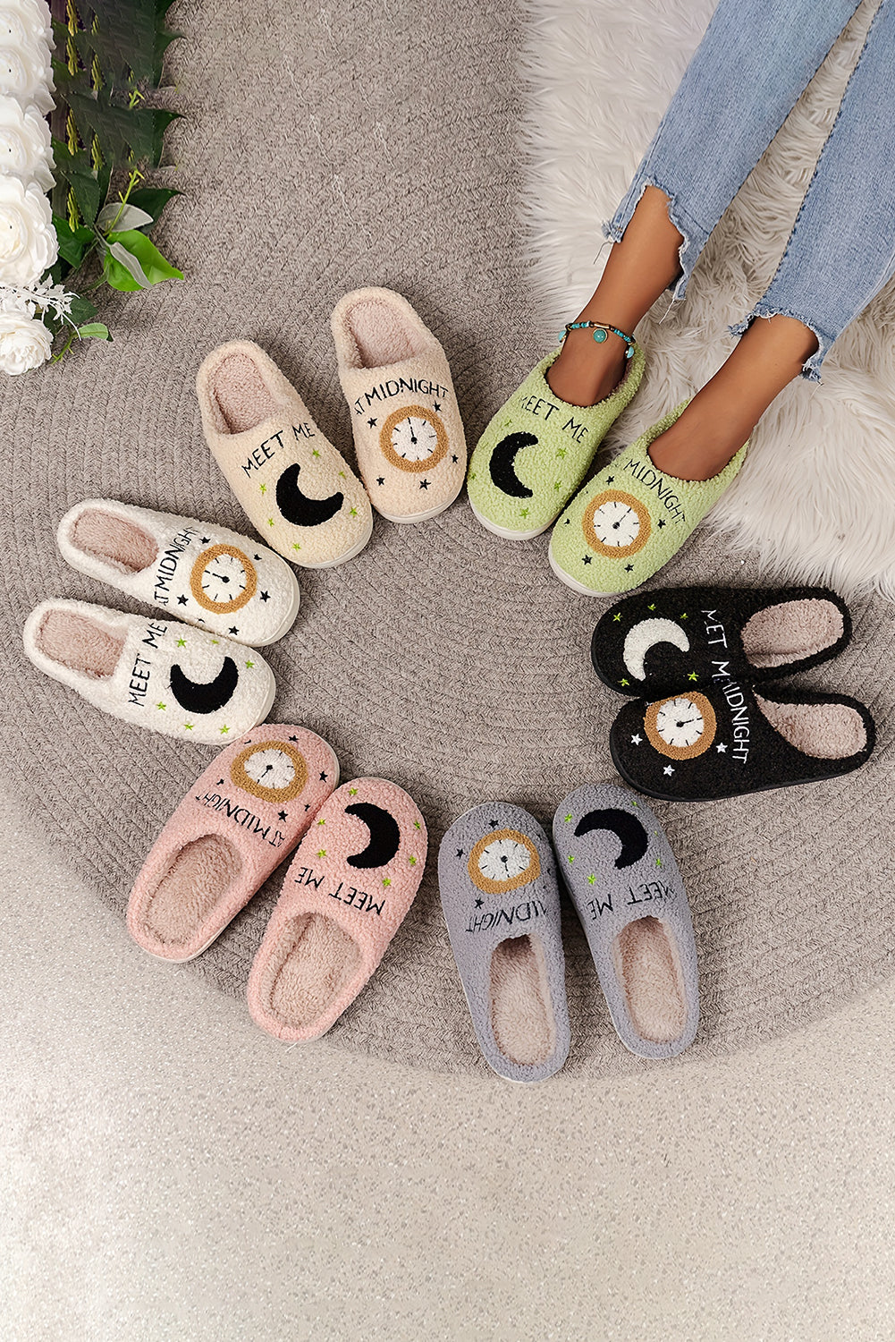 Light Pink Moon & Clock Pattern Fuzzy Home Slippers - Little Miss Vanilla