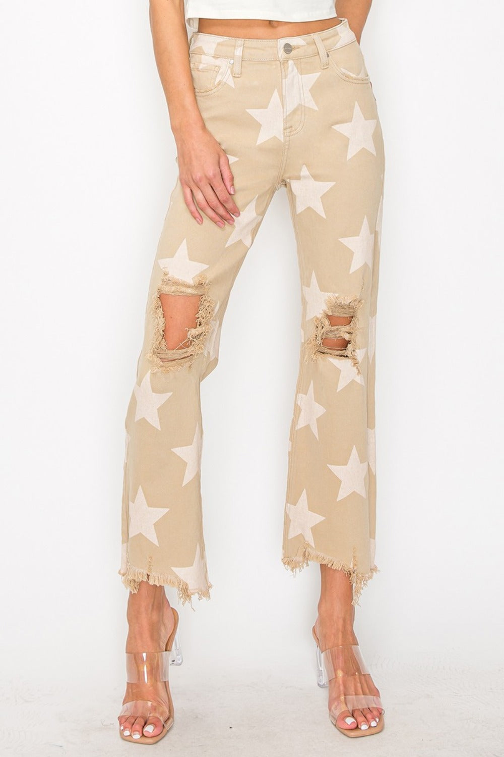 RISEN Full Size High Rise Star Printed Frayed Hem Jeans - Little Miss Vanilla