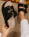 Black Suede Buckle Decor Footbed Sandal Slippers - Little Miss Vanilla