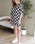 Black Checkerboard Print V Neck Loose Tee and Shorts Lounge Set