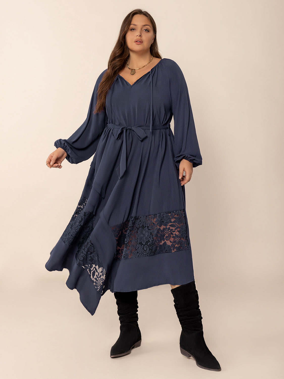 Plus Size Lace Detail Tie Neck Long Sleeve Midi Dress - Little Miss Vanilla