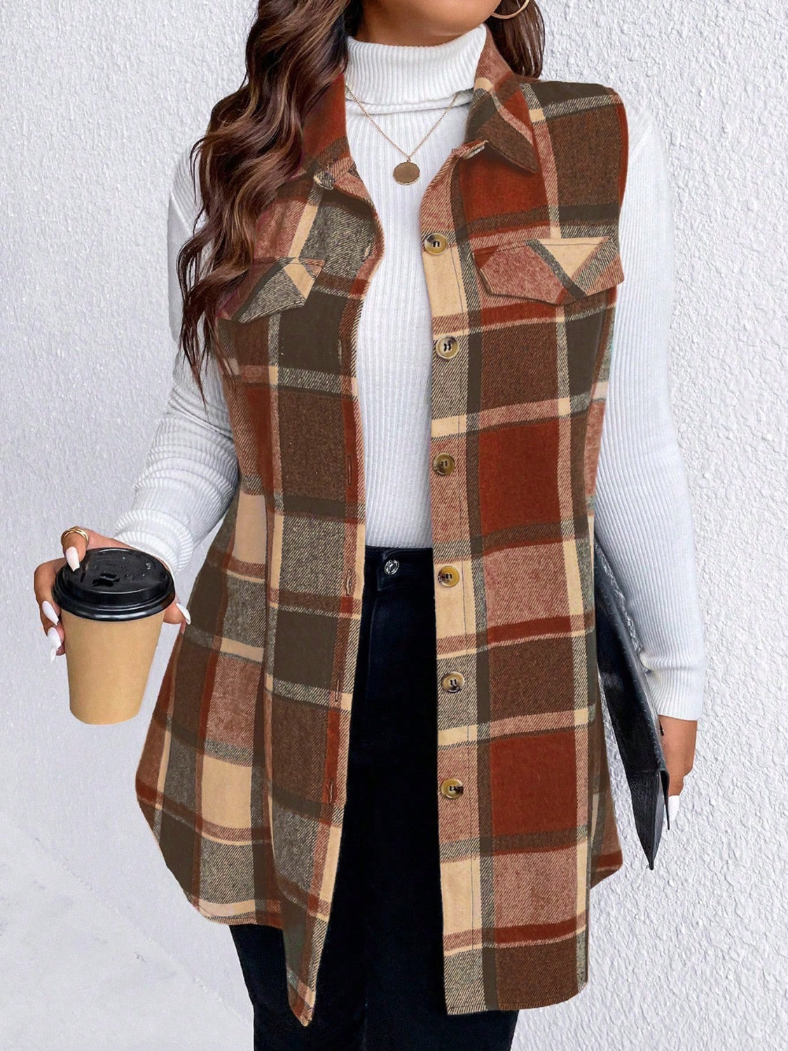 Honey Plus Size Pocketed Plaid Button Up Vest Coat - Little Miss Vanilla