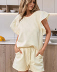 Apricot Textured Ruffled Sleeve Tee and Drawstring Shorts Set