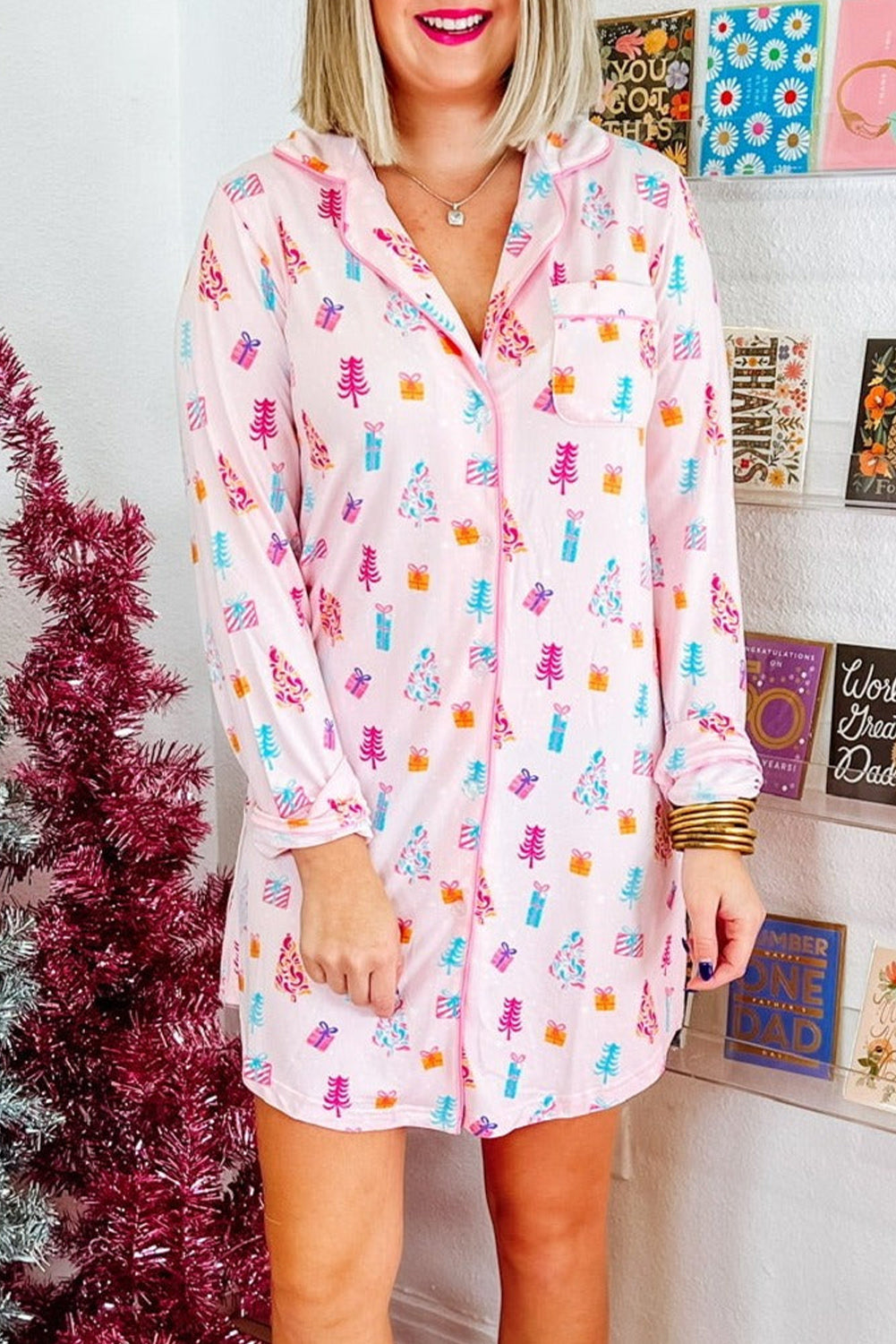 Pink Christmas Twinkle Tree Print Shirt Sleep Dress - Little Miss Vanilla