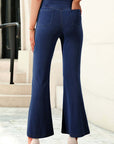 Dusk Blue Solid Crossed Waist High Elastic Fit Flare Knit Jeans