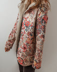 Beige Vintage Paisley Floral Printed Sherpa Lined Hooded Jacket