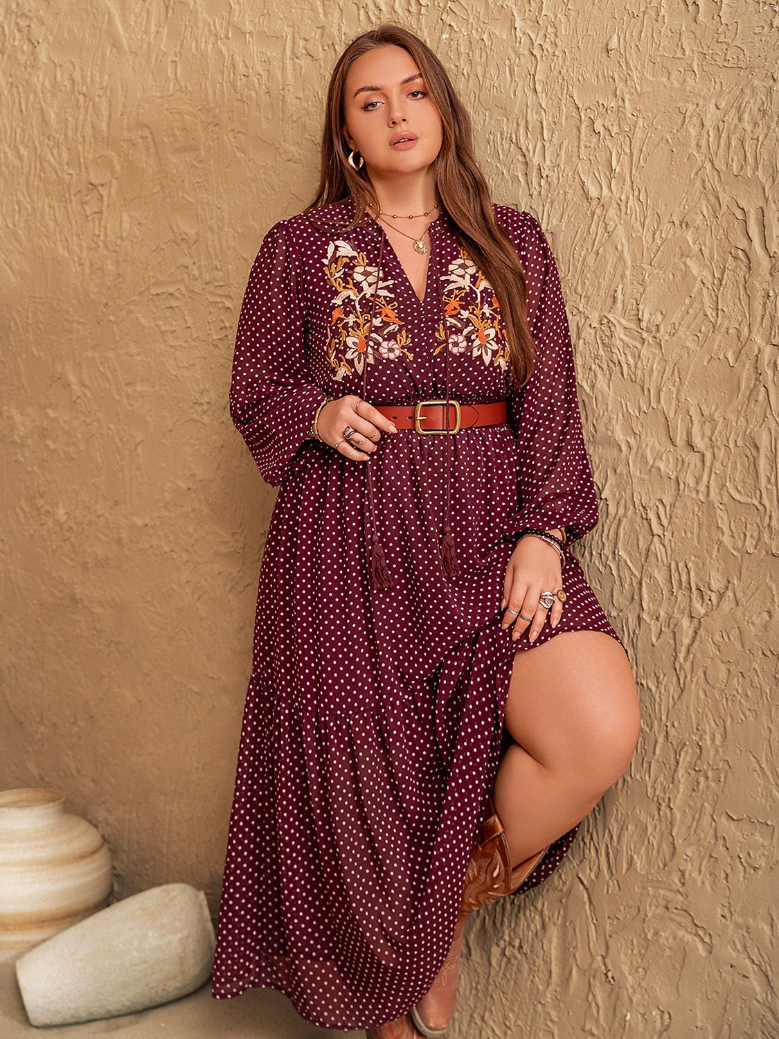 Plus Size Embroidered Polka Dot Tie Neck Long Sleeve Midi Dress - Little Miss Vanilla