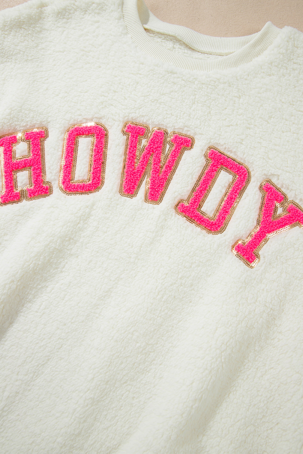 HOWDY Patched Round Neck Sherpa Sweatshirt - Little Miss Vanilla