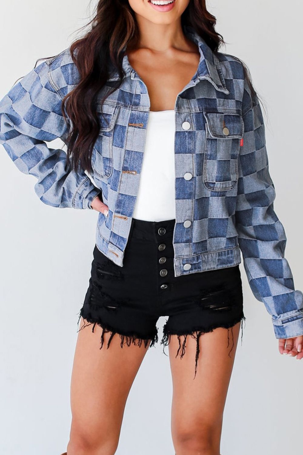 Checkered Button Up Denim Jacket - Little Miss Vanilla