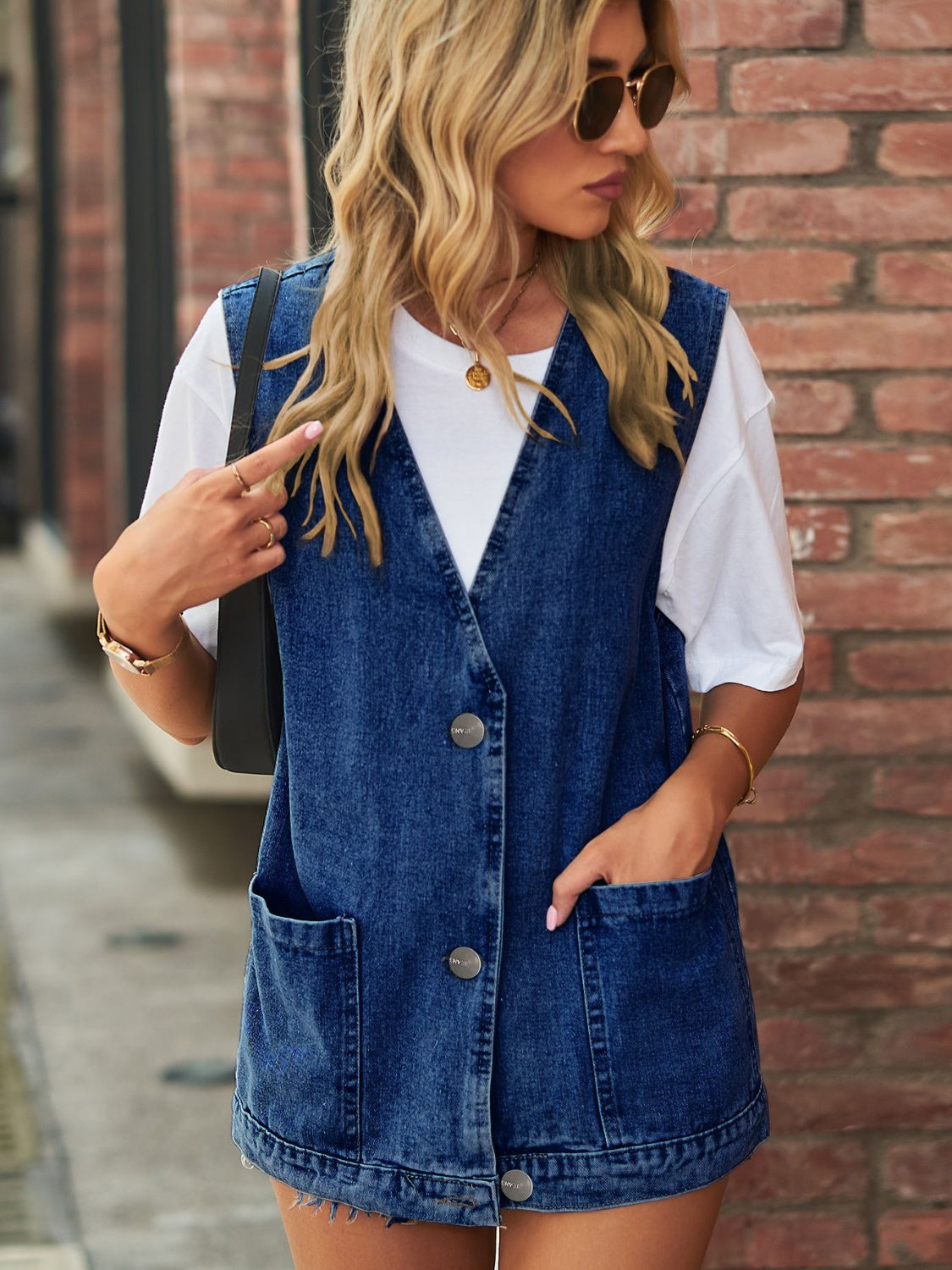 Full Size V-Neck Button Up Denim Vest - Little Miss Vanilla