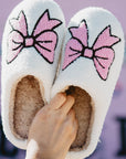 White Cute Bowknot Pattern Fuzzy Winter Home Slippers