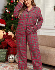 Plus Size Plaid Collared Neck Top and Pants Lounge Set - Little Miss Vanilla