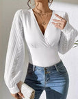 Women's Chiffon Stitching Solid Color Knitted Deep V Long Sleeve Top