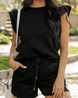 Black Textured Ruffled Sleeve Tee and Drawstring Shorts Set