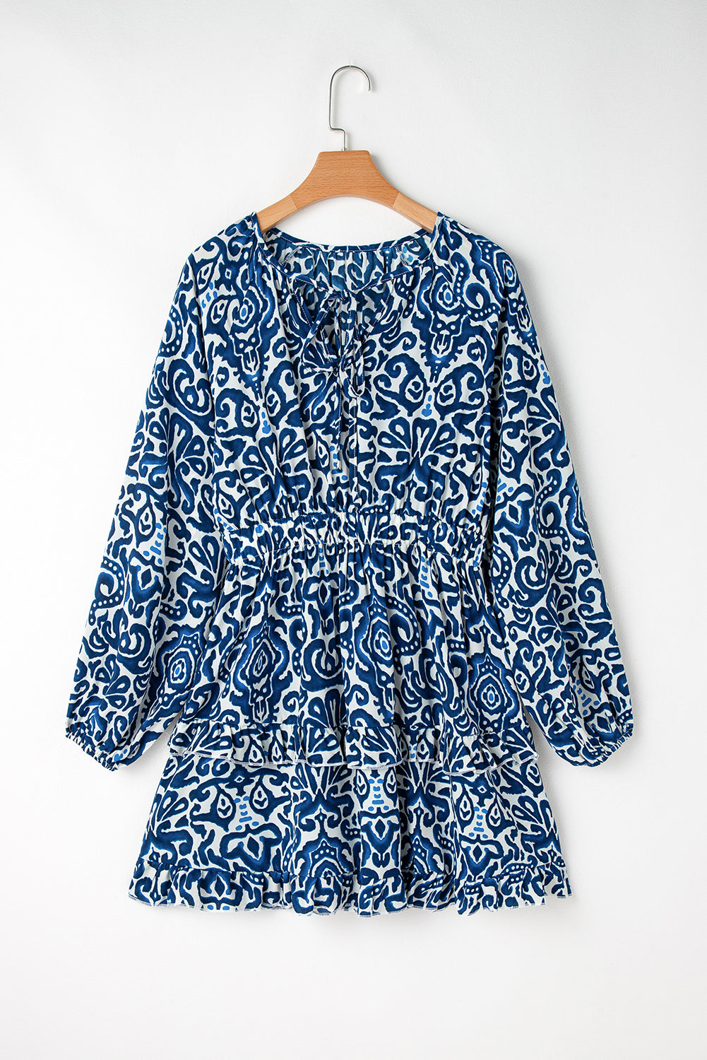 Blue Vintage Print Lace up V Neck Long Sleeve Mini Dress - Little Miss Vanilla