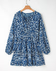 Blue Vintage Print Lace up V Neck Long Sleeve Mini Dress - Little Miss Vanilla