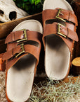 Chestnut Dual Buckle Studded Platform Sandal Slippers - Little Miss Vanilla