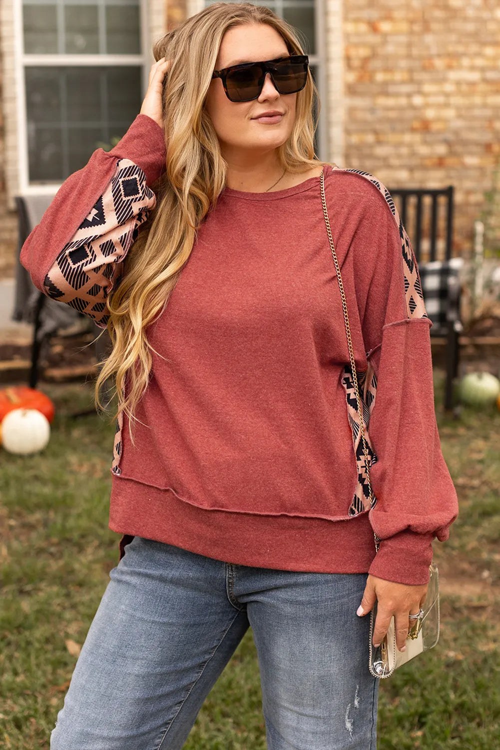 Plus Size Geometric Round Neck Long Sleeve Sweatshirt - Little Miss Vanilla