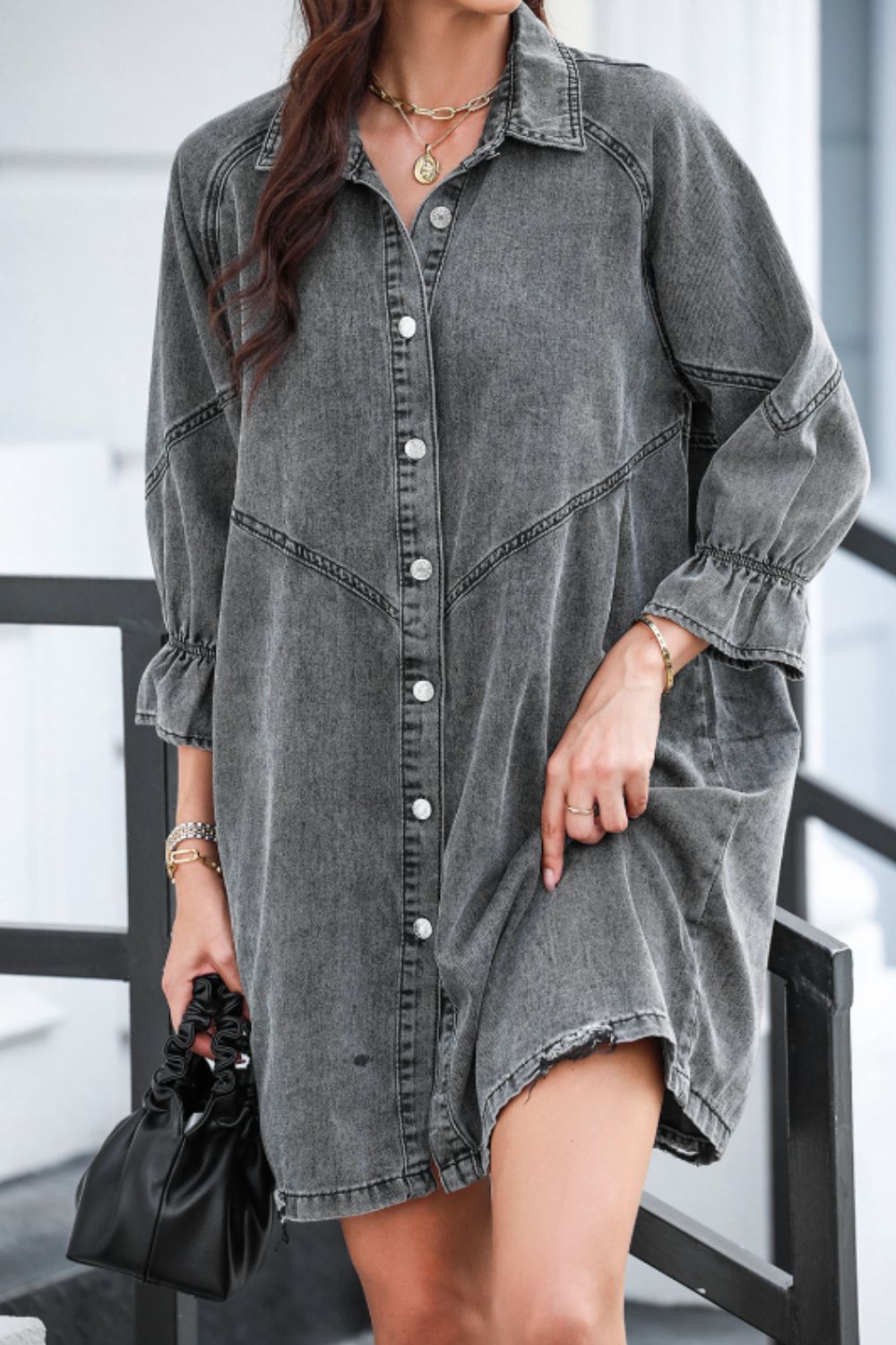 Distressed Collared Neck Flounce Sleeve Denim Dress - Little Miss Vanilla