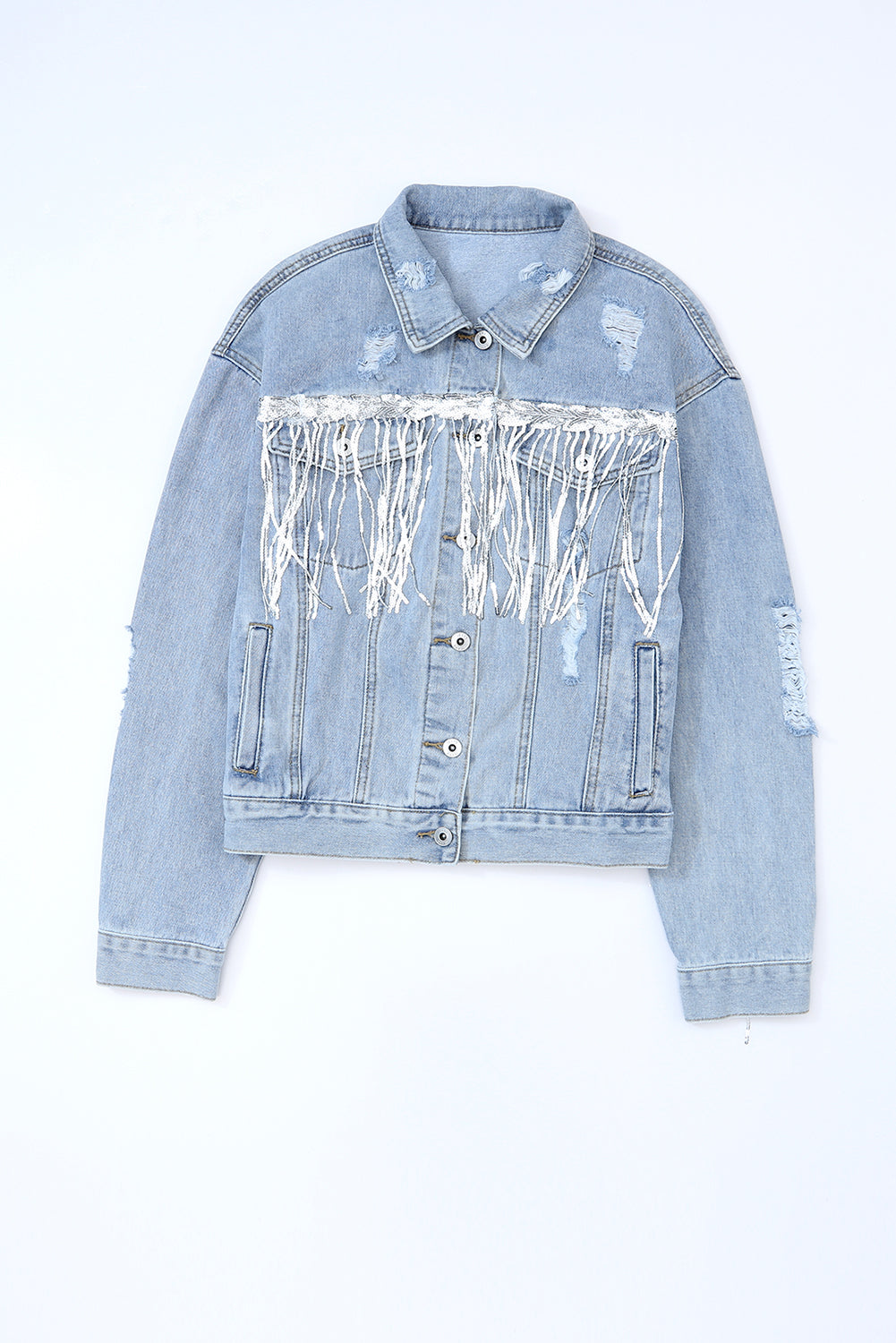 Sequin Fringe Trim Distressed Button Up Denim Jacket - Little Miss Vanilla