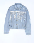 Sequin Fringe Trim Distressed Button Up Denim Jacket - Little Miss Vanilla