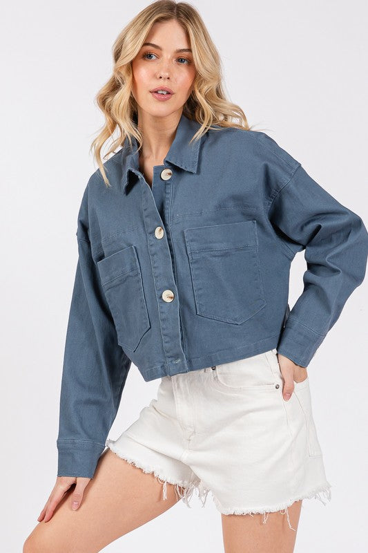 bytos Button Down Cropped Denim Jacket with Patch Pockets - Little Miss Vanilla